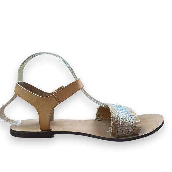 J Crew Factory Raffia Silver and Tan Woven Straw Fringe Sandals | Size 9 - Picture 9 of 13